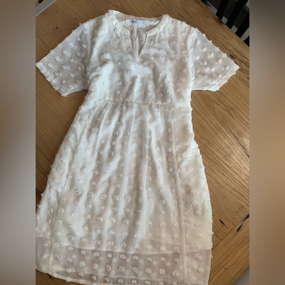 Miholl Women’s‎ White Dotted Swiss Short Sleeve Dress Size M Lined Preowned